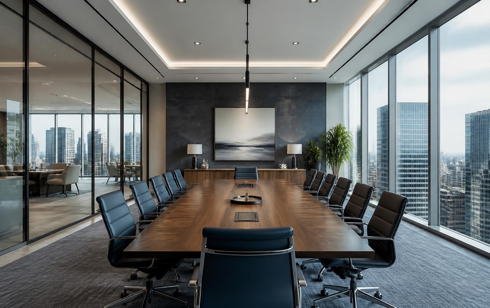 Corporate boardroom overlooking the city skyline