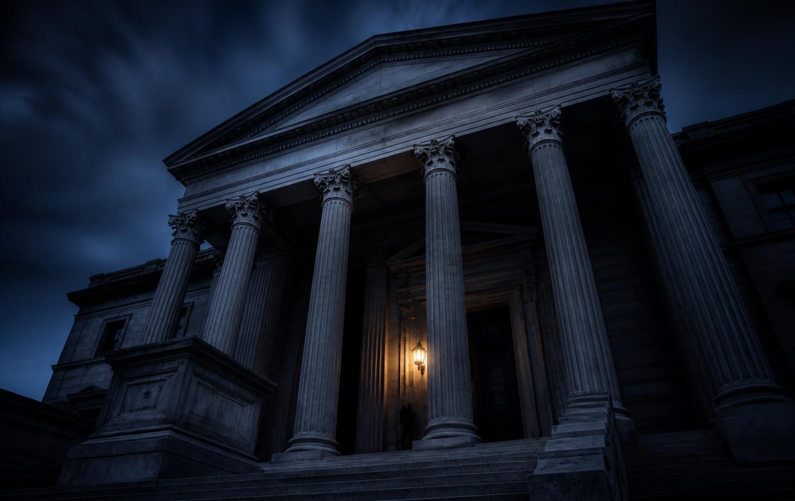 Stone courthouse facade lit at dusk