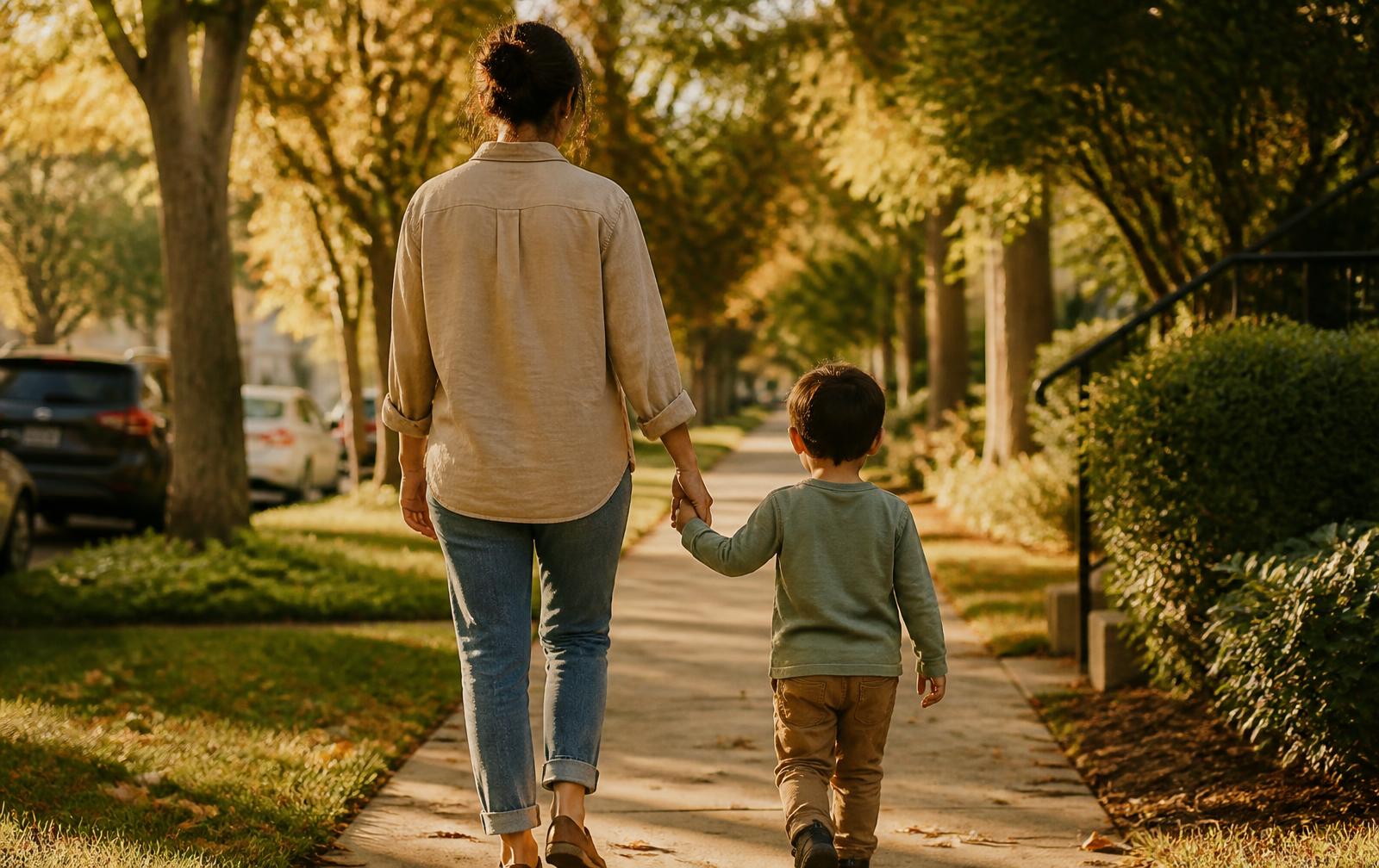 A parent and child walking along a tree lined sidewalk in late afternoon light