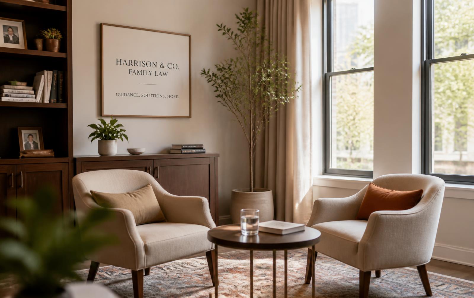 A quiet consultation room with two armchairs and warm daylight