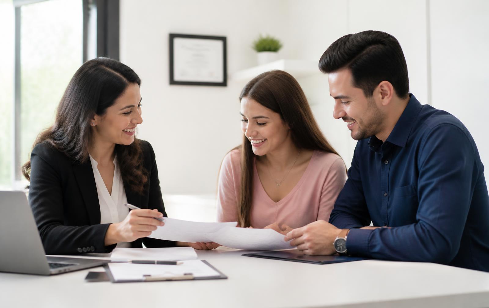 An attorney reviewing documents with a young couple